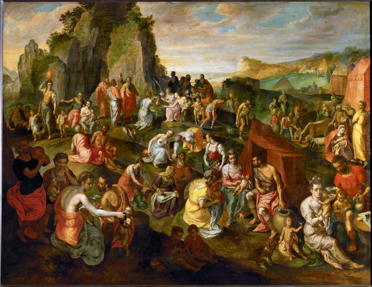 Mojžíš čerpá vodu ze skály (malba na dubovém dřevě) od Gillis Mostaert