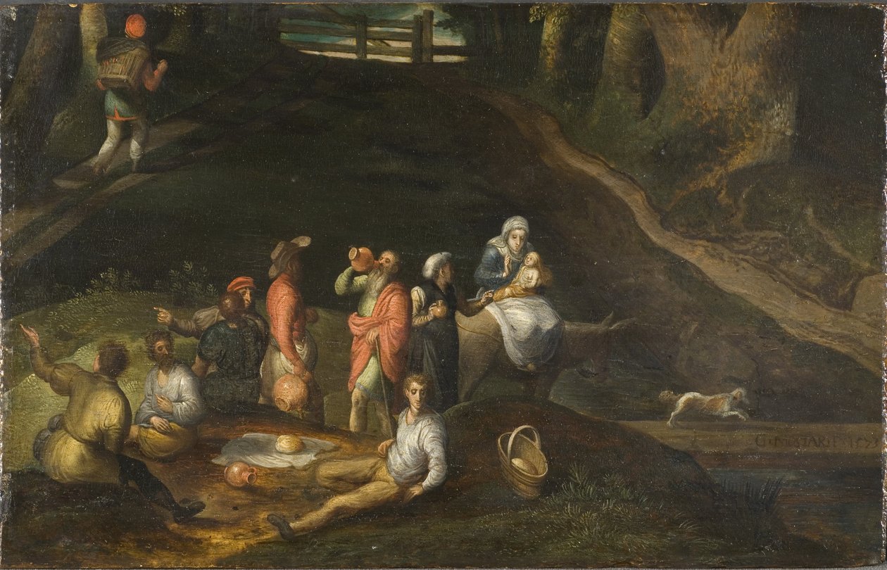 Paysage avec la Sainte Famille - Krajina se svatou rodinou, Mostaert, Gillis (1534-1598). Olej na dřevě od Gillis Mostaert