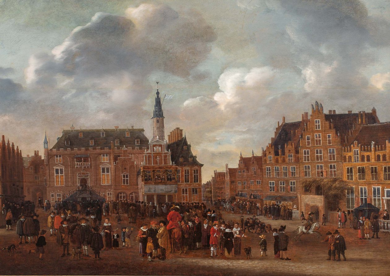 Vyhlášení münsterské mírové smlouvy v roce 1648 z balkonu radnice v Haarlemu od Gillis Rombouts