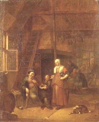 Interiér hostince s mužem platícím obsluhující ženě od Gillis de Winter
