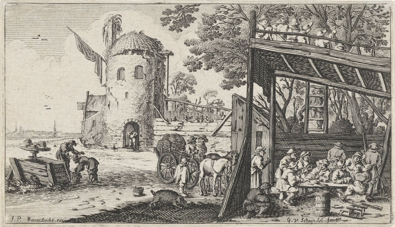Farmáři kolem stolu ve stodole (Taste) Krajiny s pěti smysly (název série) od Gillis van Scheyndel (I)