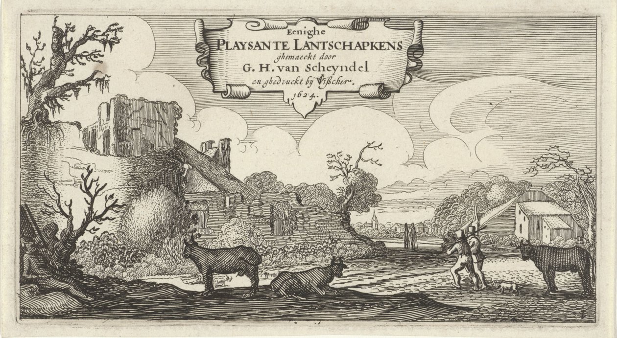 Titulní tisk dvanácti krajin s postavami Eenighe Playsante Lantschapkens (název na objektu) Dvanáct krajin s postavami (název série) od Gillis van Scheyndel (I)