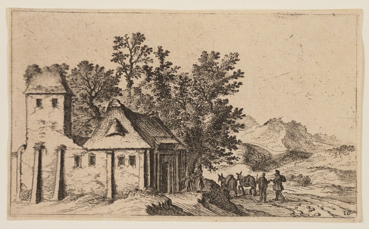 Farma před stromy v kopcovitém terénu, od Twelve Landscapes od Gillis van Scheyndel