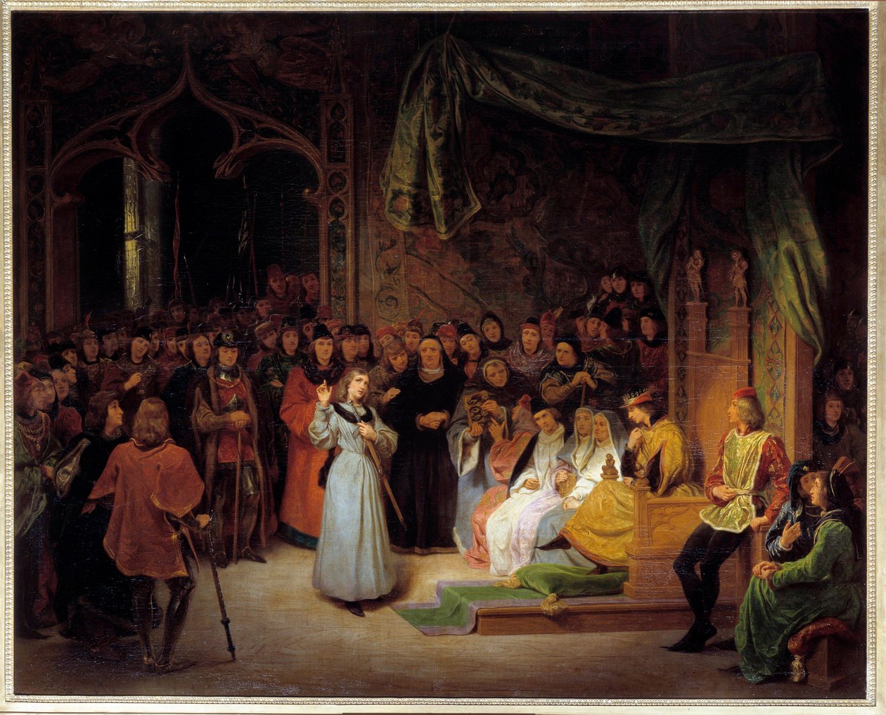 Johanka z Arku (1412-1431) před králem Karlem VII. (1403-1481) v Chinonu, odpověď prelátům, kteří se ptají, únor 1429 Obraz Gillot Saint-Evre (1791-1858) 1832 ne. 1,42 x 1,67 m od Gillot Saint Evre