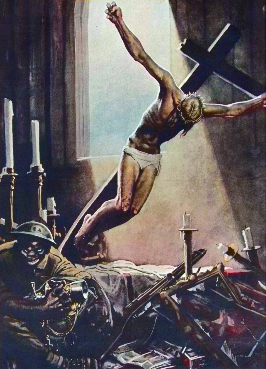 Anti American WWII Plakát - Black American Drancing Church - Plakát Gino Boccasile (1901-1952) - Italská propaganda Anti USA 1943 - Plakát Gino Boccasile (1901-1952) od Gino Boccasile