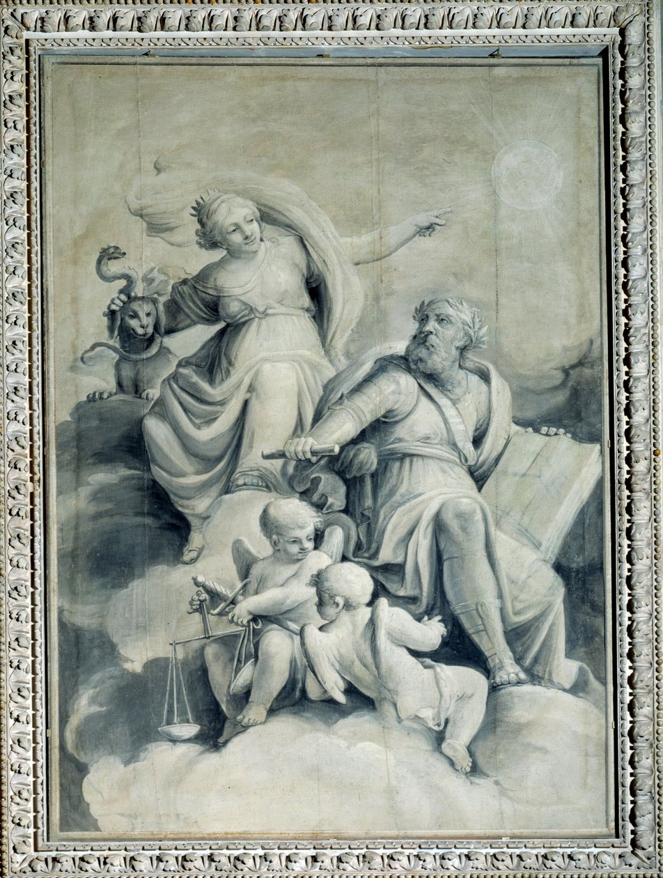 Spravedlnost odměňuje Wortha a ukazuje dům ctnosti, alegorii (Painting od Gio Batta Celle