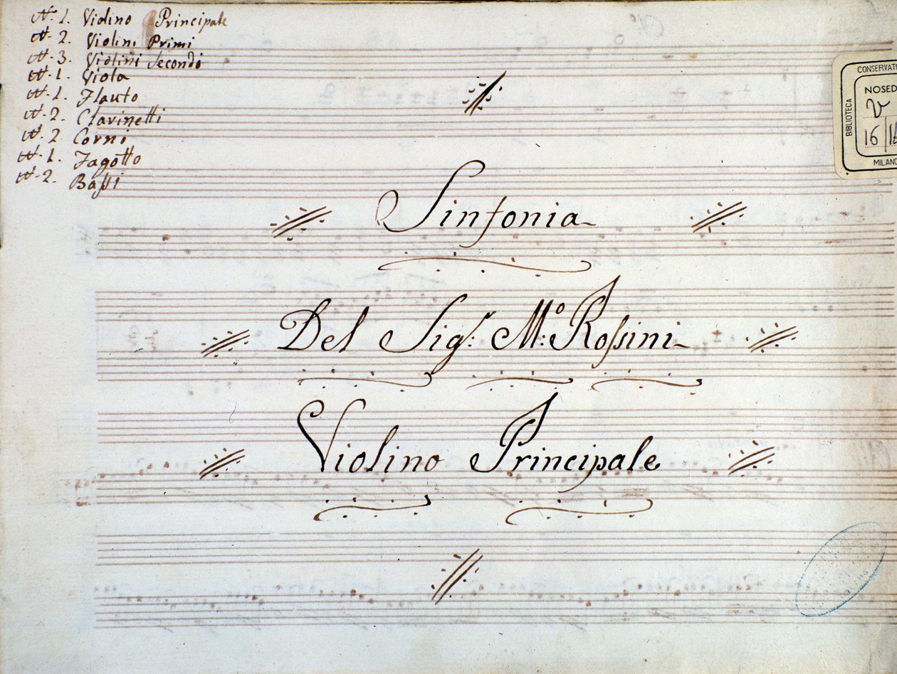Detail první strany houslové partitury k symfonii Gioacchina Rossiniho od Gioachino Rossini