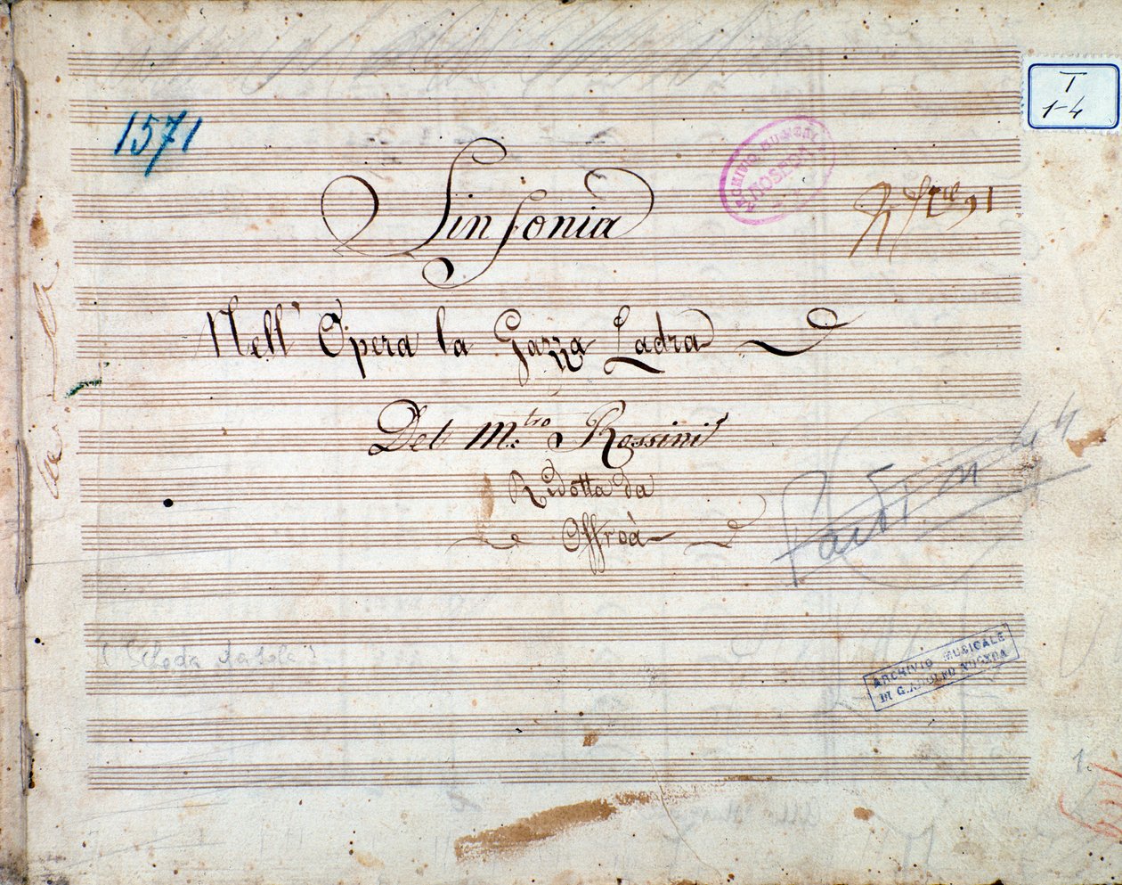 První strana hudební partitury symfonie v La gazza ladra (Zlodějská straka) od Gioacchina Rossiniho od Gioachino Rossini