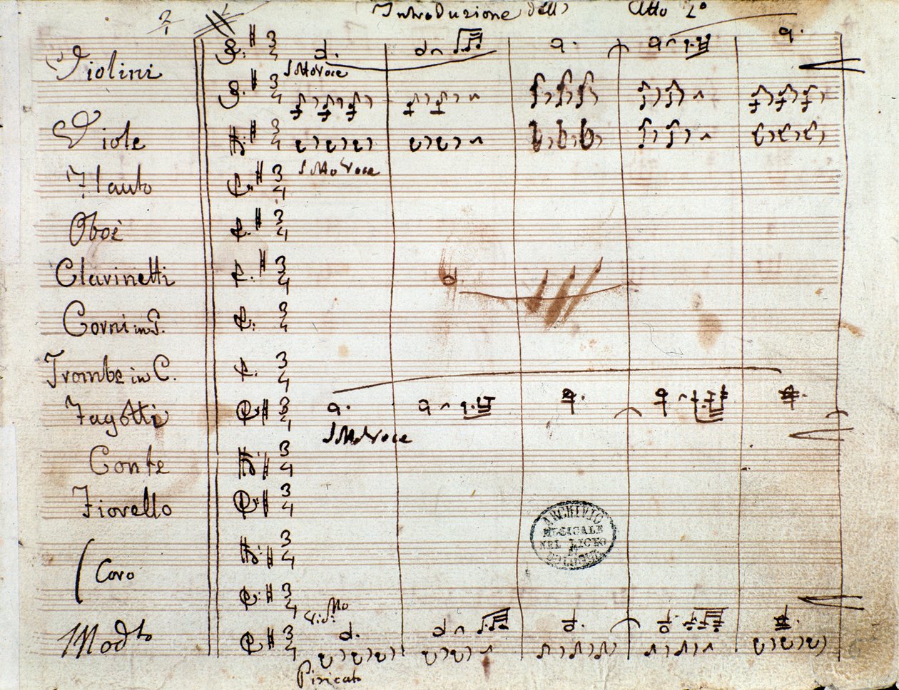 První strana s autogramem partitury pro II. dějství opery Holič sevillský od Gioacchina Rossiniho od Gioachino Rossini