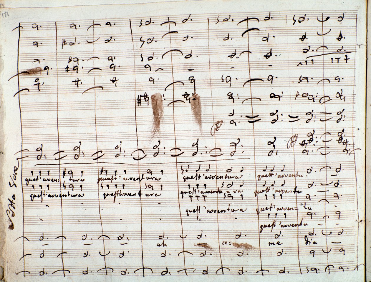 Hudební partitura pro árii Questavventura, v Lazebři sevillském (inkoust na papíře) od Gioachino Rossini