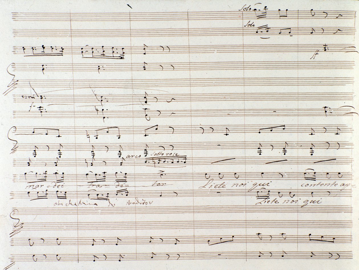 Strana hudební partitury Le Comte Ory s ručně psanými korekturami Gioacchina Rossiniho od Gioachino Rossini