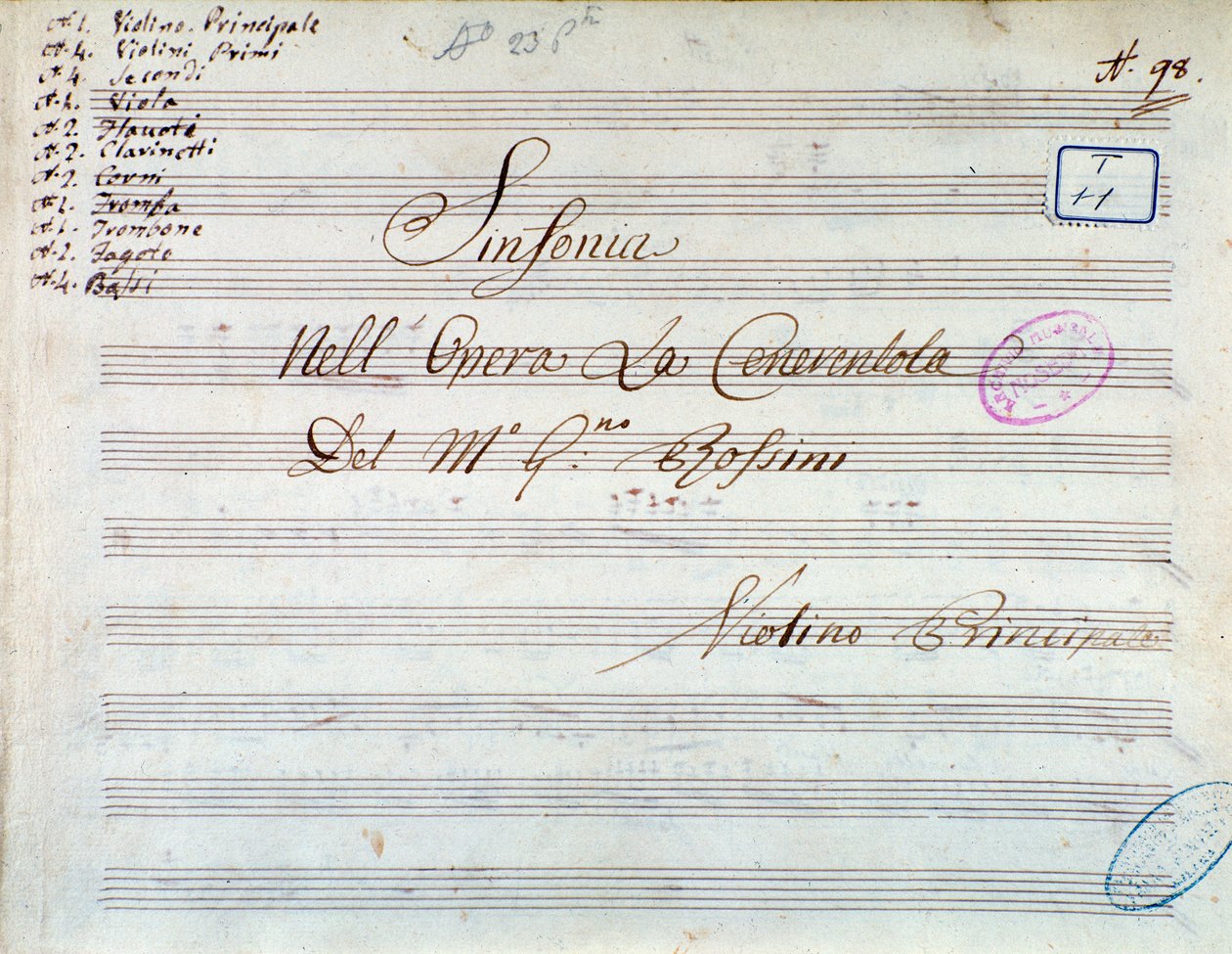 Titulní strana partitury houslí pro symfonii v Popelce nebo Vítězná dobrota od Gioachina Rossiniho od Gioachino Rossini