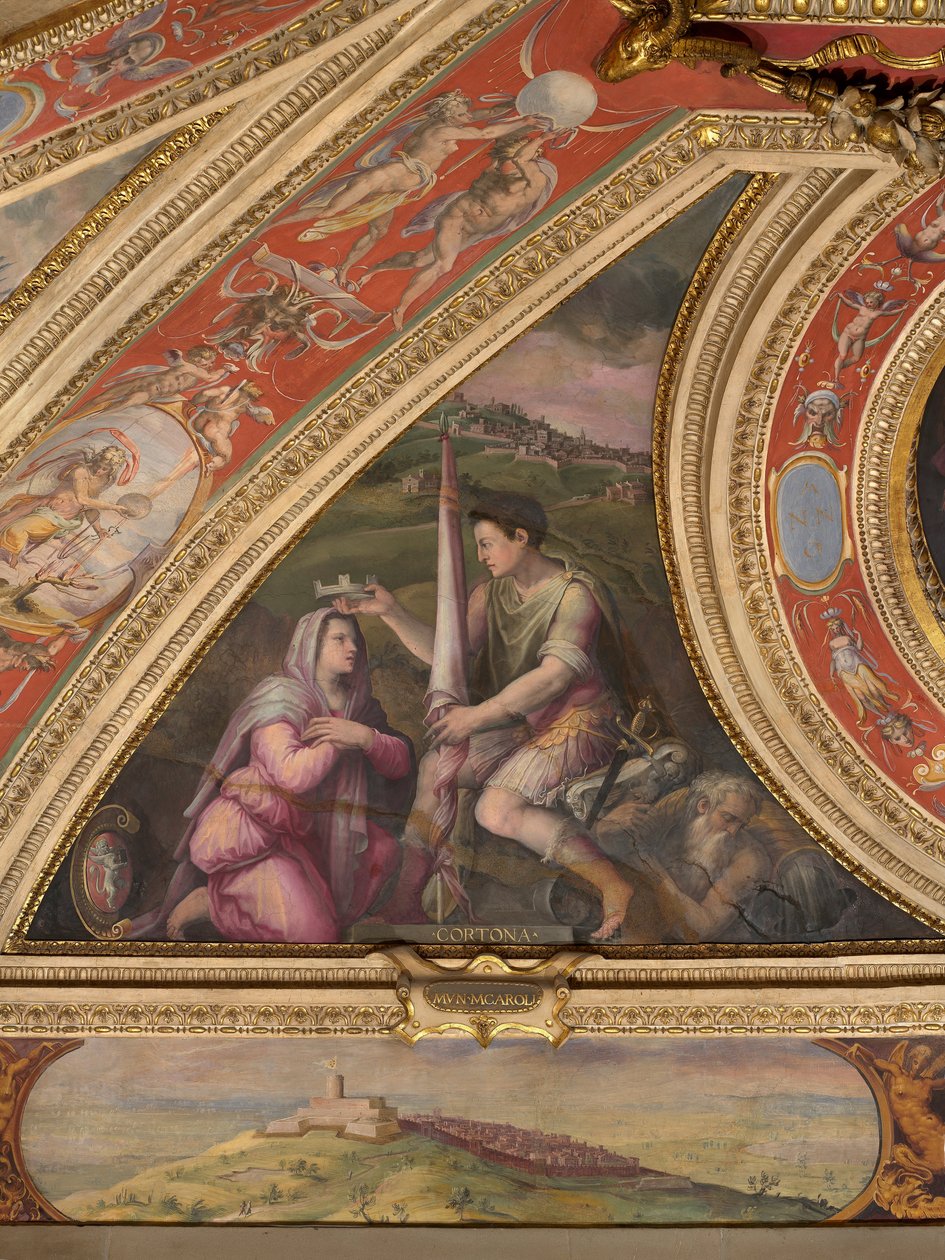 Alegorie Cortony; dolů, pohled na Montecarlo od Giorgio Vasari