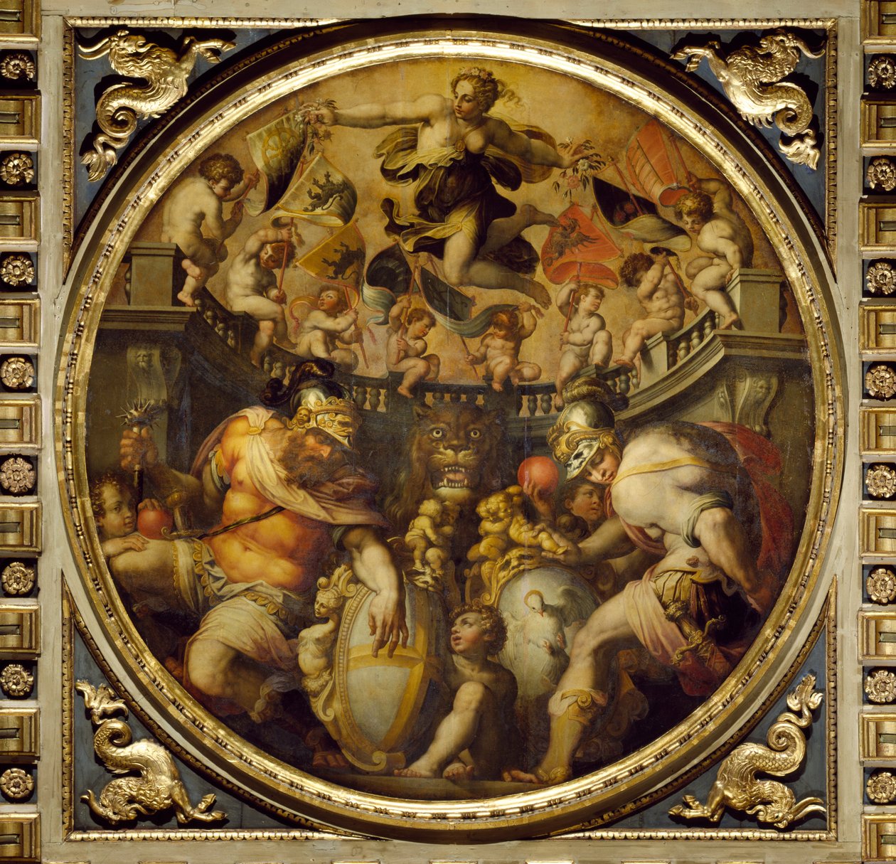 Alegorie čtvrtí Santa Croce a Santo Spirito ze stropu Salone dei Cinquecento, 1565 (panel) od Giorgio Vasari