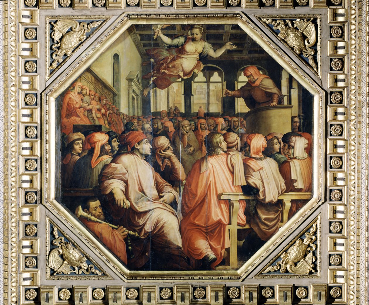 Modlitba Antonia Giacominiho za válku s Pisou ze stropu Salone dei Cinquecento, 1565 (panel) od Giorgio Vasari