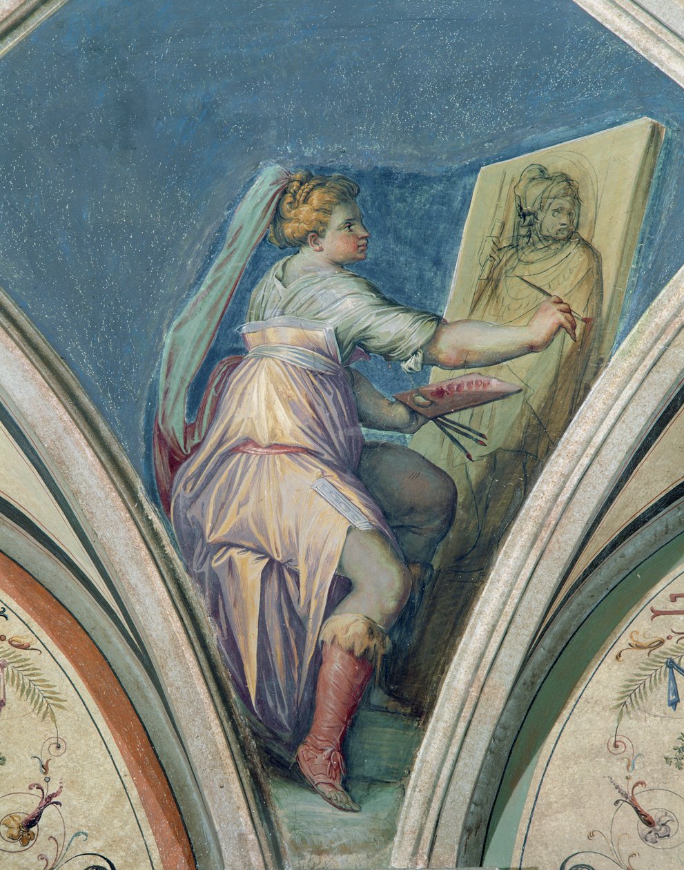 Sedící žena maluje portrét muže, možná umělce, z Camera della Fama e delle Arti (Síň slávy a umění) 1542 od Giorgio Vasari
