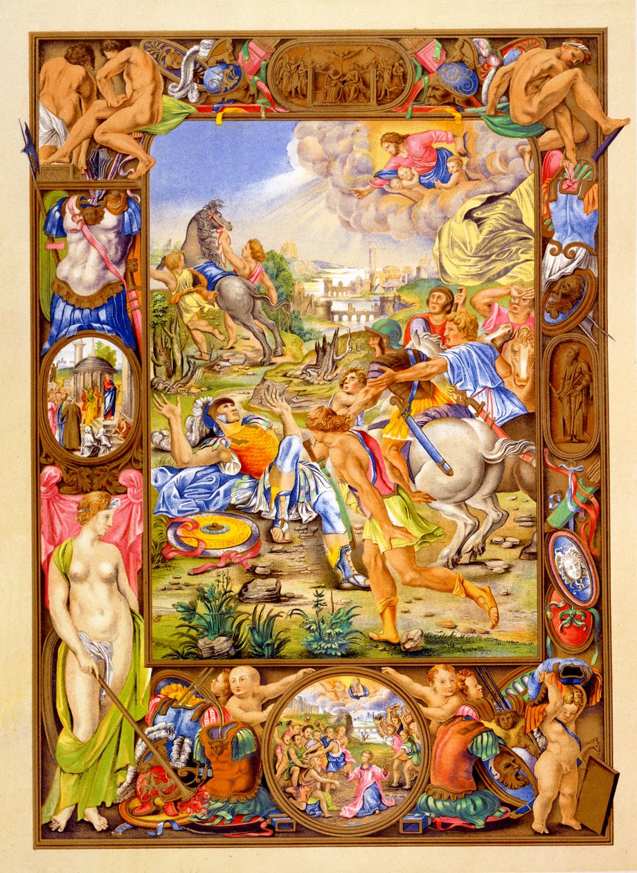 Faksimile rukopisné ilustrace Obrácení svatého Pavla z komentářů k epištolám svatého Pavla Římanům, poprvé publikované C15. barevné lito od Giorgio Giulio Clovio
