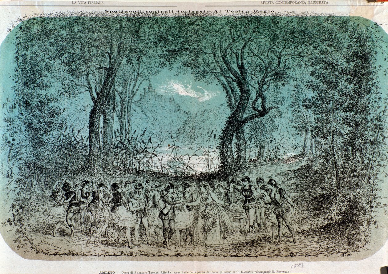 Ilustrace ke scéně Oféliina šílenství v Hamletovi od Ambroise Thomase od Giorgio Dalsani