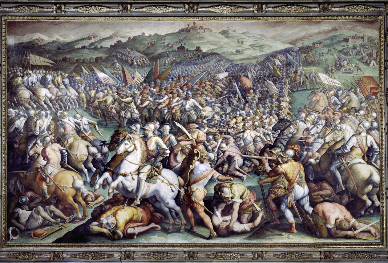 Bitva u Scannagalla ve Valdichianě (Val di Chiana). Freska od Giorgia Vasariho a jeho ateliéru (1511-1574). Palazzo Vecchio (Salone dei Cinquecento) od Giorgio (and workshop) Vasari