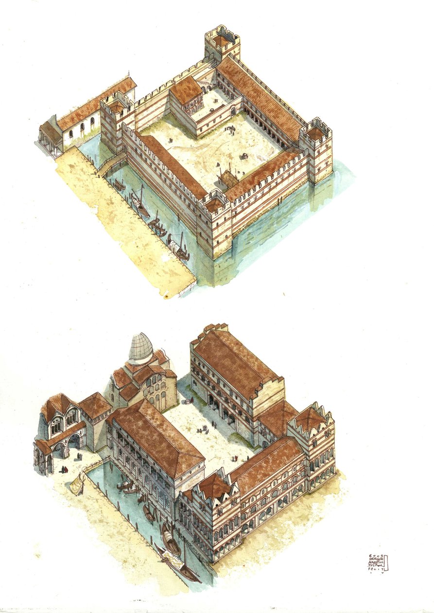 Letecký pohled na fáze výstavby Dóžecího paláce (neboli Knížecího paláce nebo Palazzo Ducale) na náměstí svatého Marka v Benátkách v 7. a 12. století. Itálie od Giorgio Albertini