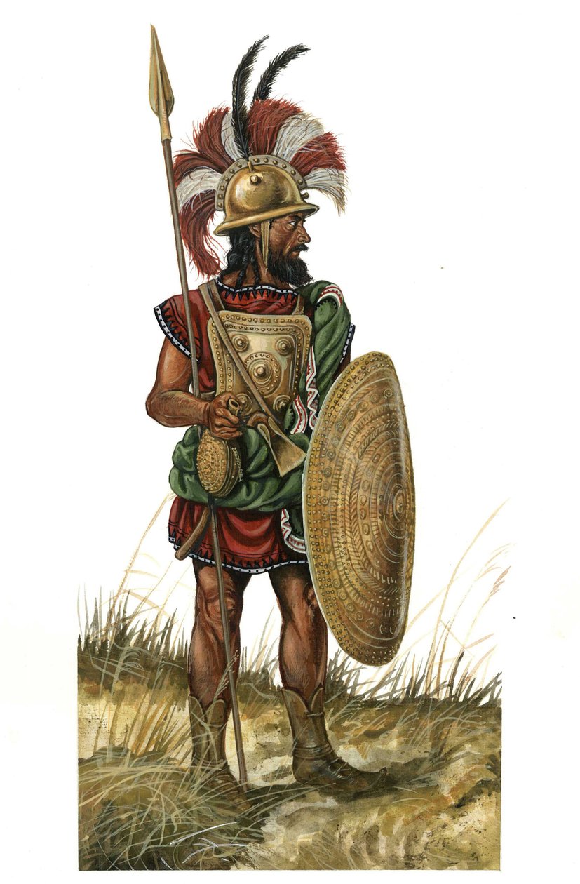 Starověký Řím (archaické období 753-530 př. n. l.): vyobrazení válečné zbraně, přilba, štít, kopí (panovnické období 8. století př. n. l.) od Giorgio Albertini