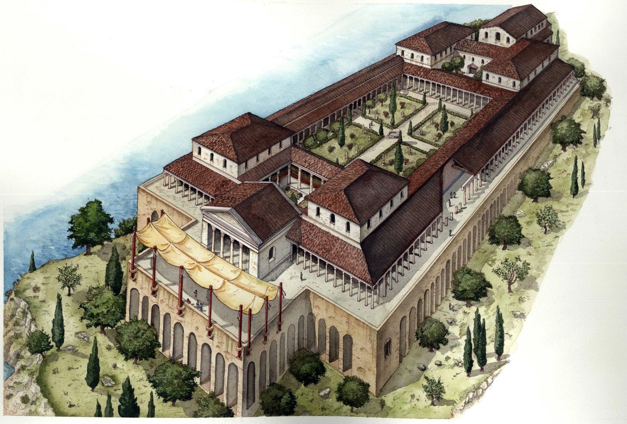 Starověký Řím: rekonstrukce římské vily Catulle nebo Cave di Catullo, sídla stejnojmenného latinského básníka (1. stol. př. n. l.), která se nachází v okolí Sirmione na poledníkovém břehu jezera Lago di Garda (Lago di Garda). Itálie. od Giorgio Albertini