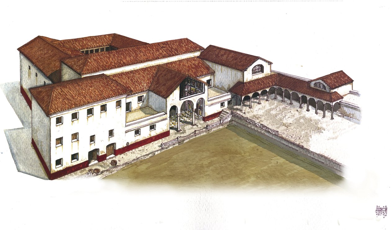 Starověký Řím: rekonstrukce Villa des Lions (Casa ou domus dei Leoni) v Ostia Antica (Ostia), 3. století př. n. l. Itálie Ilustrace Giorgio Albertini. (Užití díla tohoto autora nepodléhá žádosti o autorizaci ze strany třetí osoby. od Giorgio Albertini