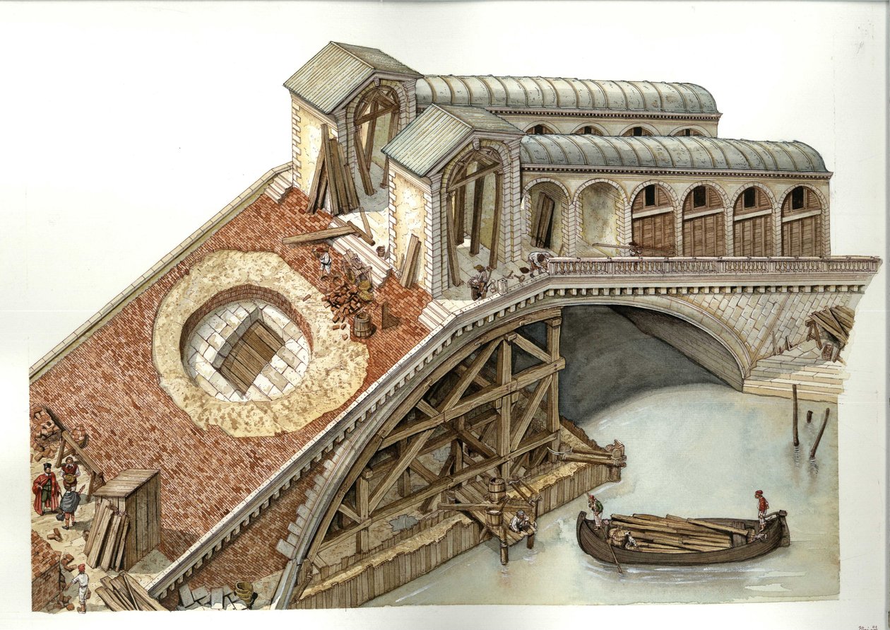 Architektura: staveniště mostu Rialto v letech 1588-1591 v Benátkách, Itálie. Ilustrace: Giorgio Albertini (Užití díla tohoto autora nepodléhá autorizaci třetí stranou ani placení dalších autorských poplatků. od Giorgio Albertini