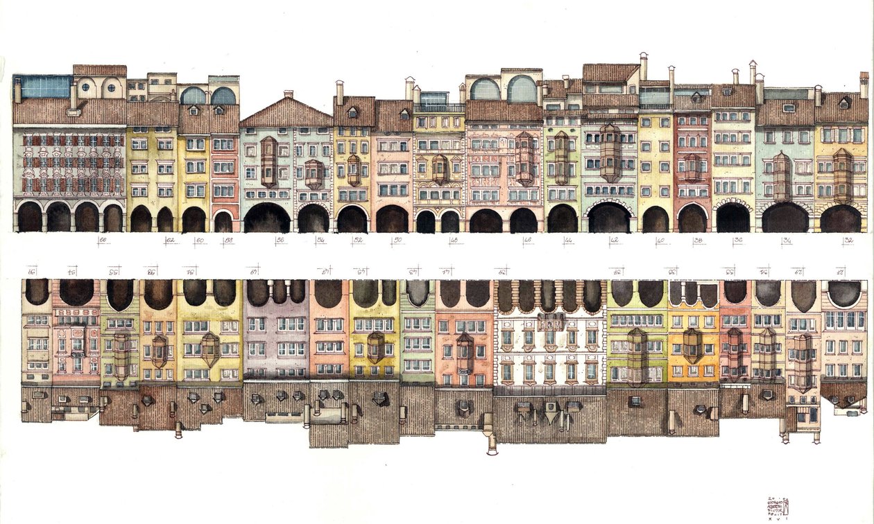 Architektura: Plochý pohled na Via dei Portici, krytý ochoz s portikem, spolu s barevnými domy, z města Bolzano, Itálie Ilustrace Giorgio Albertini. (Užití díla tohoto autora nepodléhá žádosti o autorizaci ze strany od Giorgio Albertini