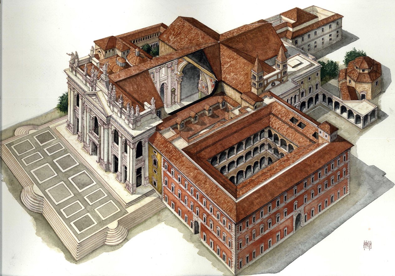 Barokní architektura: rekonstrukce baziliky svatého Jana Lateránského (Saint John Laterano nebo San Giovanni in Laterano) (17.-18. století) Řím Ilustrace Giorgio Albertini. (Užití díla tohoto autora není podmíněno žádostí o autorizaci. od Giorgio Albertini