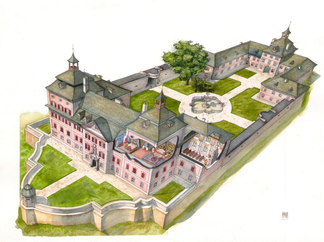 Barokní architektura: rekonstrukce zámku Wolfsthurn, Mareta, Bolzano, Itálie Ilustrace Giorgio Albertini. (Užití díla tohoto autora není podmíněno žádostí o autorizaci třetí osoby ani zaplacením dalších f od Giorgio Albertini