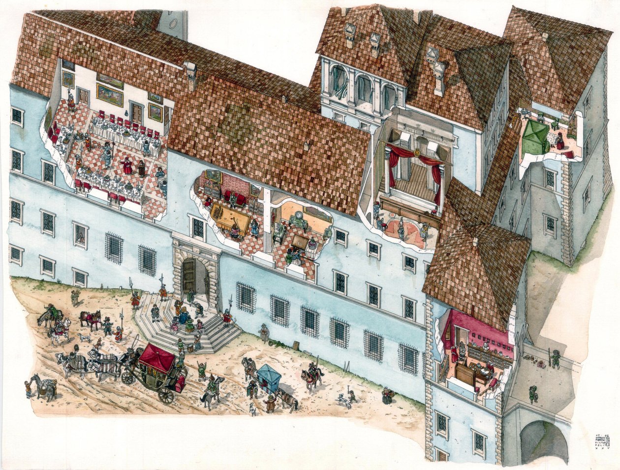 Barokní umění: pohled a architektonická část paláce Chigi a Ariccia, Lazio, v 17. století. Je vidět interiér rodinných pokojů a dependance služebnictva. Itálie od Giorgio Albertini