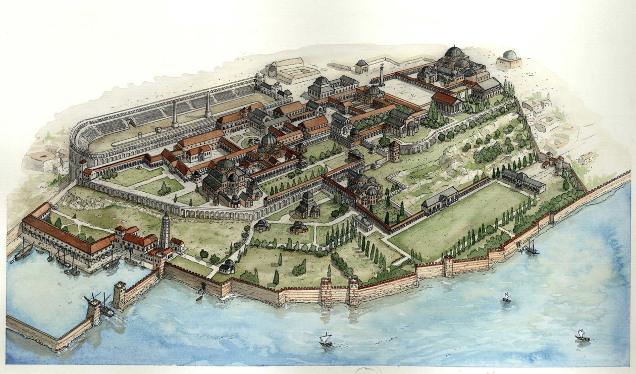 Byzantská říše: pohled na císařský palác v Konstantinopoli, od Giorgio Albertini