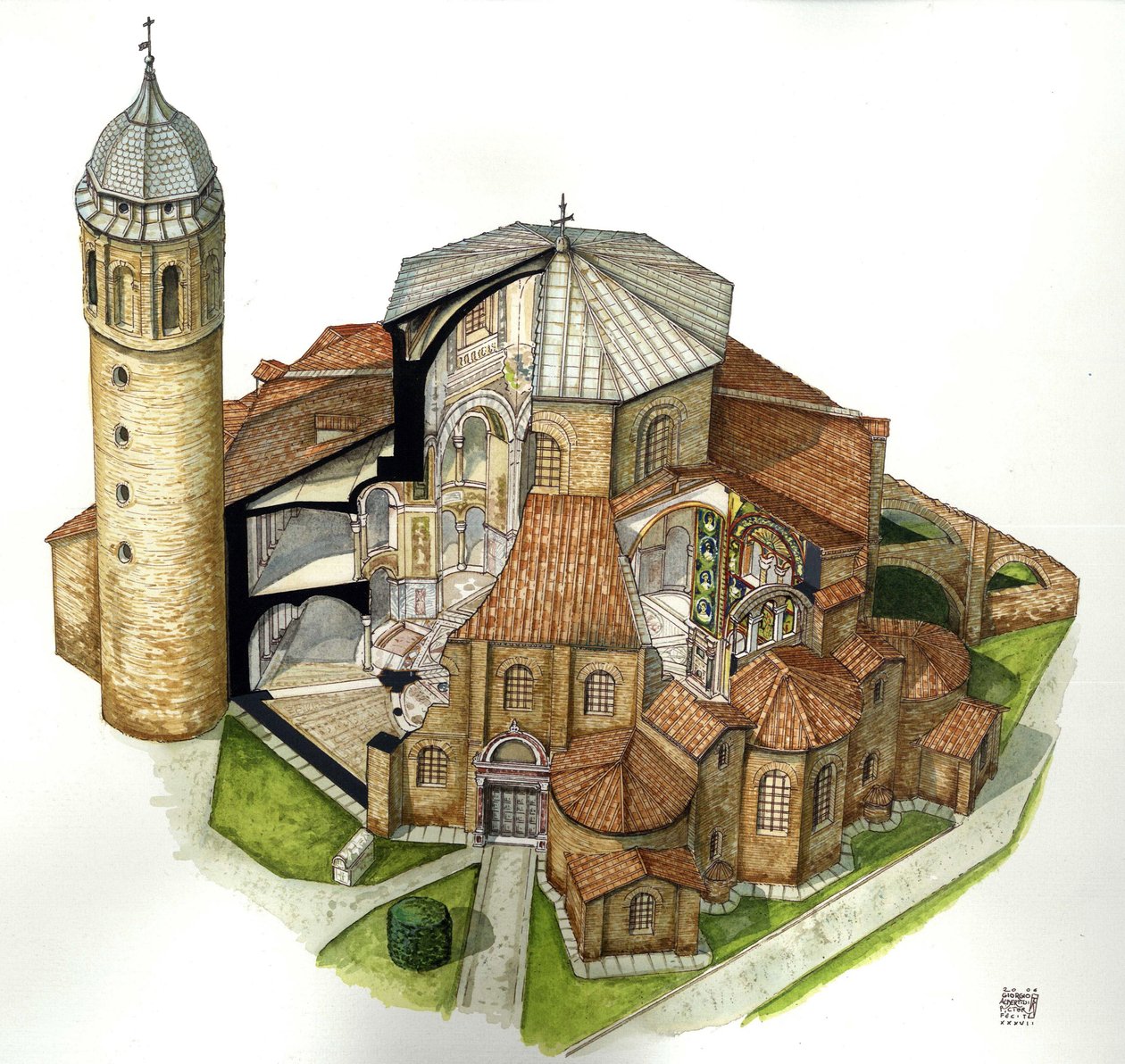 Byzantské umění: vyobrazení baziliky svatého Vitala (Saint Vital nebo San Vitale) v Ravenně (Ravenna) v 5. století. Pohled z výšky s výřezy, které umožňují nahlédnout do interiéru. Itálie Ilustrace: Giorgio Albertini. (Použití děl tohoto autora není předmě od Giorgio Albertini