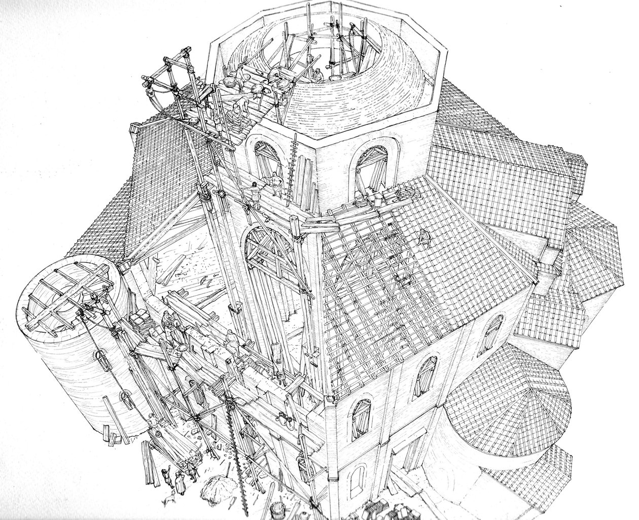 Byzantské umění: vyobrazení staveniště baziliky svatého Vitala (Saint Vital nebo San Vitale) v Ravenně v 5. století. Aeriánský pohled zobrazující dělníky na lešení pracující na rámu kopule. Itálie Ilustrace: Giorgi od Giorgio Albertini