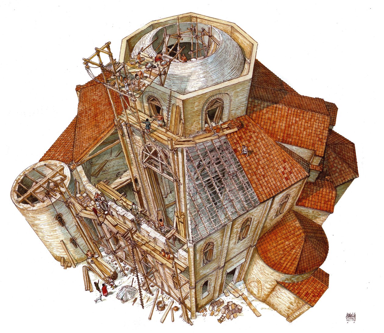 Byzantské umění: vyobrazení staveniště baziliky svatého Vitala (Saint Vital nebo San Vitale) v Ravenně v 5. století. Aeriánský pohled zobrazující dělníky na lešení pracující na rámu kopule. Itálie Ilustrace: Giorgi od Giorgio Albertini