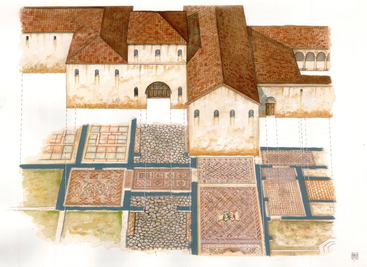 Byzantské umění: pohled na lokalitu Domus kamenných koberců (dei tappeti di pietra) v Ravenně (Ravenna) v 6. století, složenou z mozaiky byzantského paláce. od Giorgio Albertini