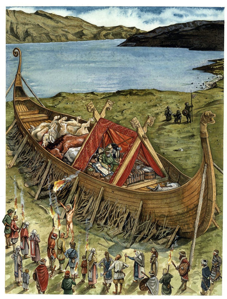 Při pohřebním obřadu u Vikingů je zesnulý umístěn do nepovedené lodi (drakkar) naplněné obětovanými zvířaty a předměty pohřební výbavy, která čeká na zpopelnění. 10. století od Giorgio Albertini