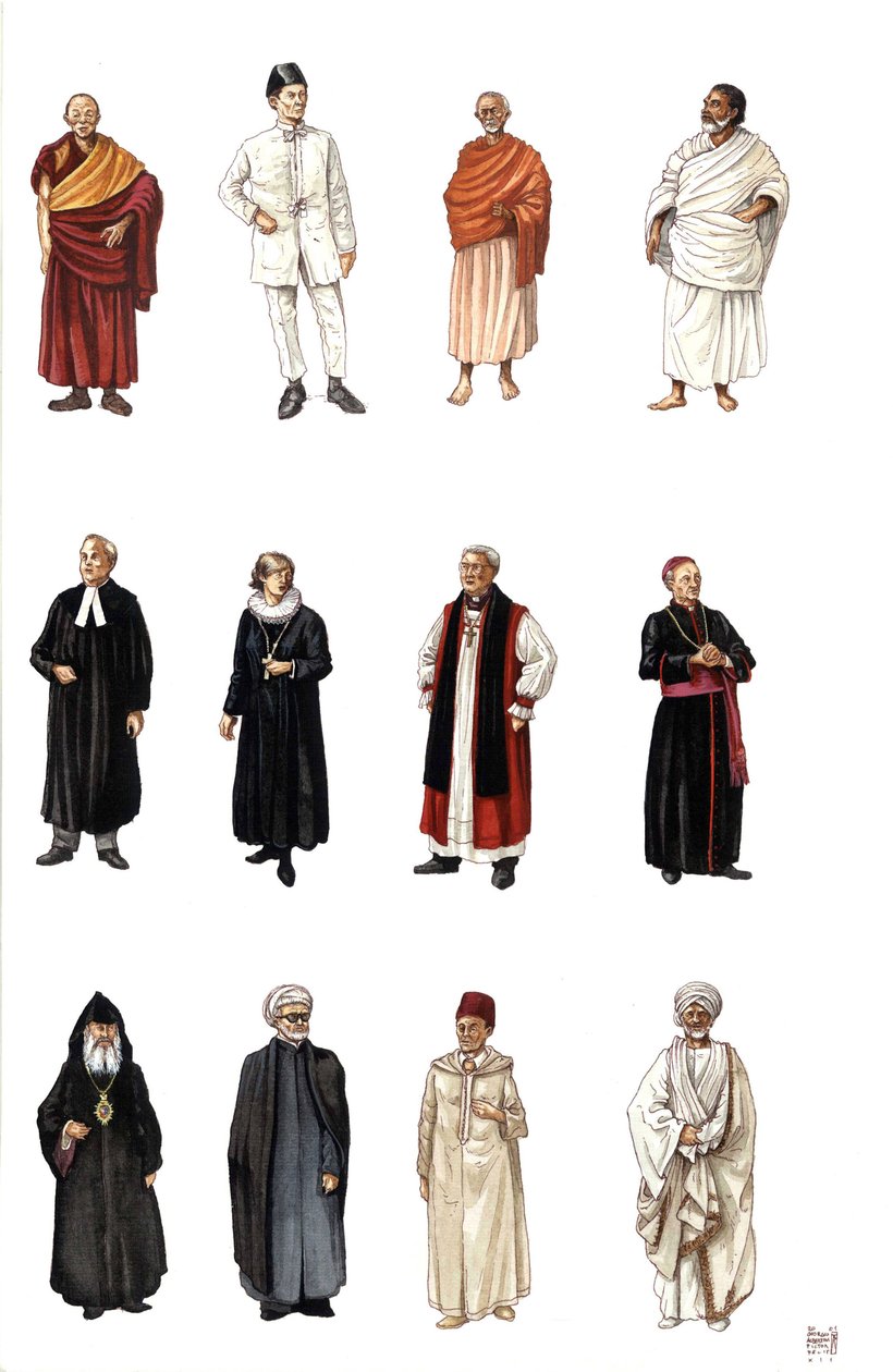 Kostýmy a šaty duchovních různých náboženství, buddhistický mnich, pravoslavný, kardinál, protestantský pastor. od Giorgio Albertini