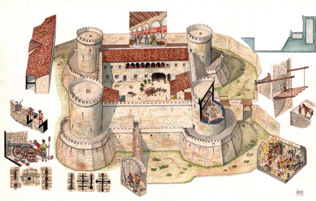 Detail vzdušného pohledu na aragonský hrad Venosa, který nechal postavit Pirro del Balzo v roce 1470 nedaleko Potenzy v italské Basilicatě Poháry umožňují vidět vězně v celách uvnitř věží, které sloužily jako vězení. Detailní pohledy ukazují vojáky v obran od Giorgio Albertini