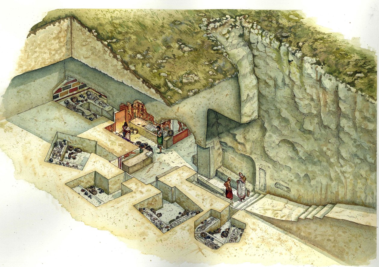 Etruská civilizace: rekonstrukce a řez hrobkou Francois de Vulci. 3. století př. n. l. Itálie od Giorgio Albertini