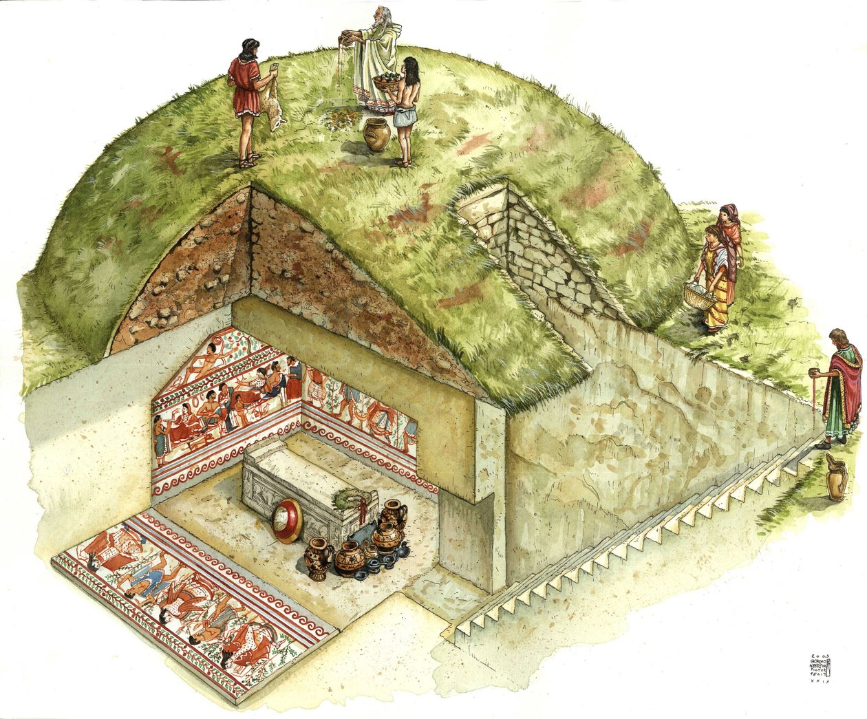 Etruská civilizace: rekonstrukce a řez hrobkou Triclinio (triclinium), nekropole Tarquinia. 5. století př. n. l. Itálie Ilustrace Giorgio Albertini. od Giorgio Albertini