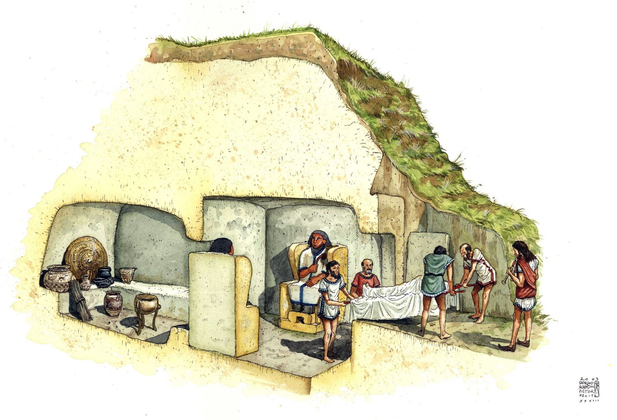Etruská civilizace: rekonstrukce a řez hrobky soch, nekropole Ceri. 7. století př. n. l. Itálie Ilustrace Giorgio Albertini. od Giorgio Albertini