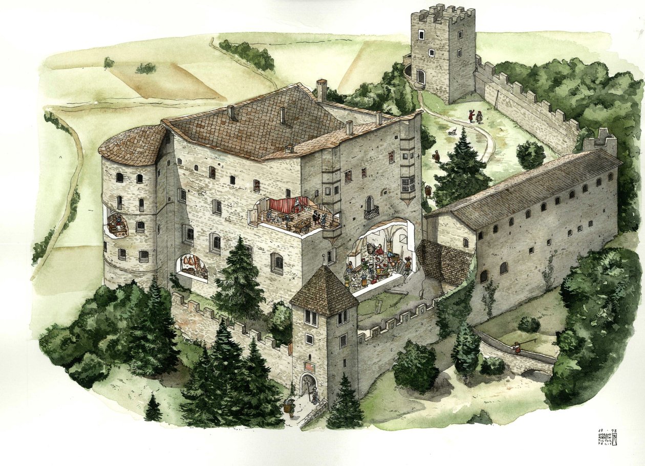 Středověká architektura: pohled na hrad Pergine s prostřihy umožňujícími nahlédnout do života obyvatel v místnostech hradu v 16. století. Pergine Valsugana, Trento, Itálie Ilustrace: Giorgio Albertini. (Použití děl tohoto autora od Giorgio Albertini