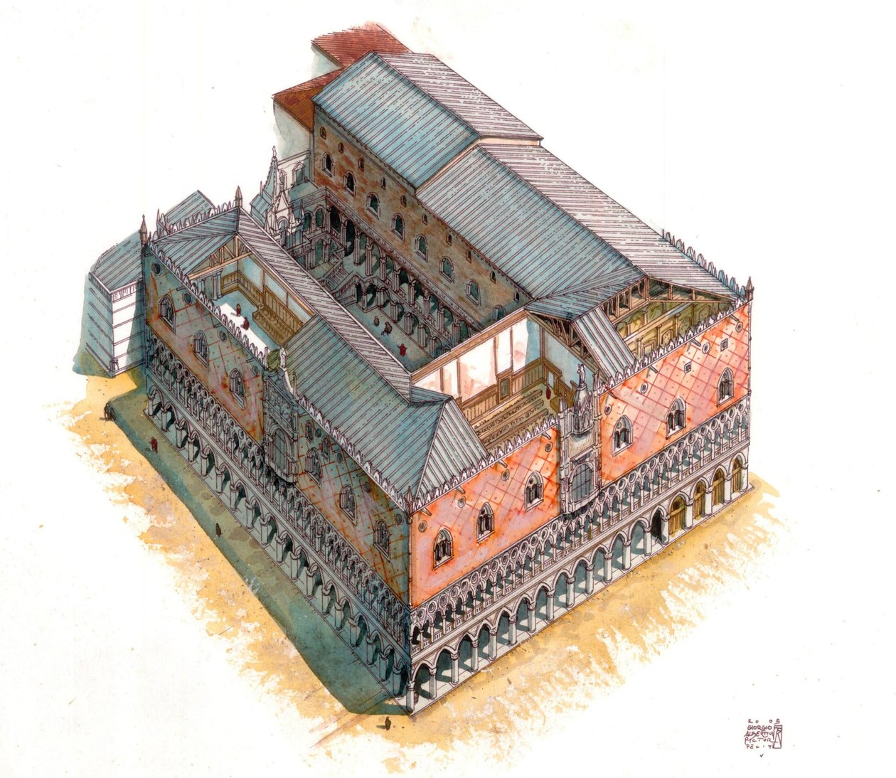 Středověk: pohled z letadla a architektonická část Dóžecího paláce (neboli Knížecího paláce nebo Palazzo Ducale) na náměstí svatého Marka v Benátkách v 15. století. Itálie od Giorgio Albertini