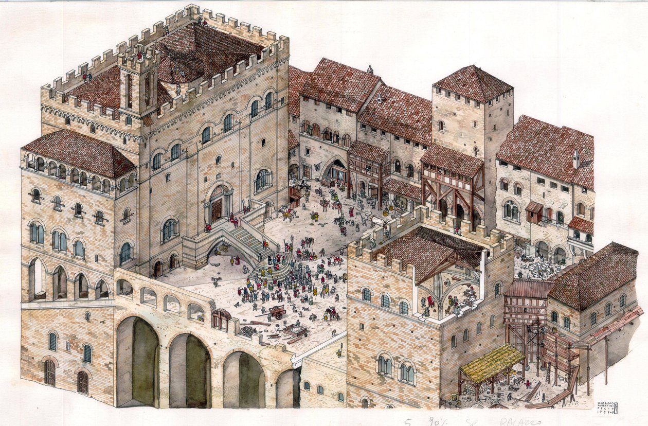 Středověk: letecký pohled na centrální náměstí města Gubbio (Umbrie) v Itálii ve 14. století. Vlevo je vidět palác konzulů. od Giorgio Albertini