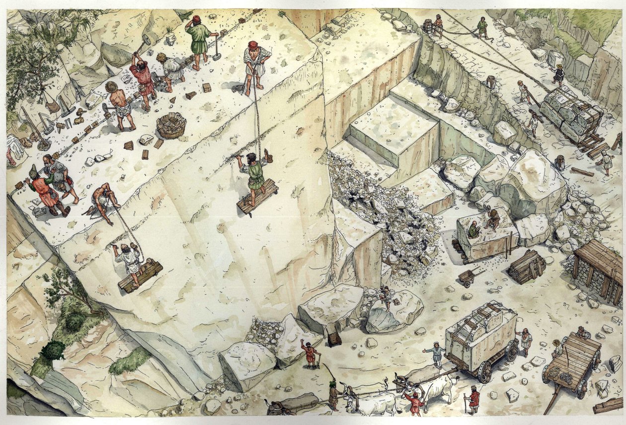 Středověk: letecký pohled na dělníky pracující v mramorových lomech v Carraře (Carrara) v 15. století. Jsou znázorněny jednotlivé kroky, těžba, velikost bloků, přeprava. Itálie Ilustrace: Giorgio Albertini. (Použití tohoto autorova v od Giorgio Albertini