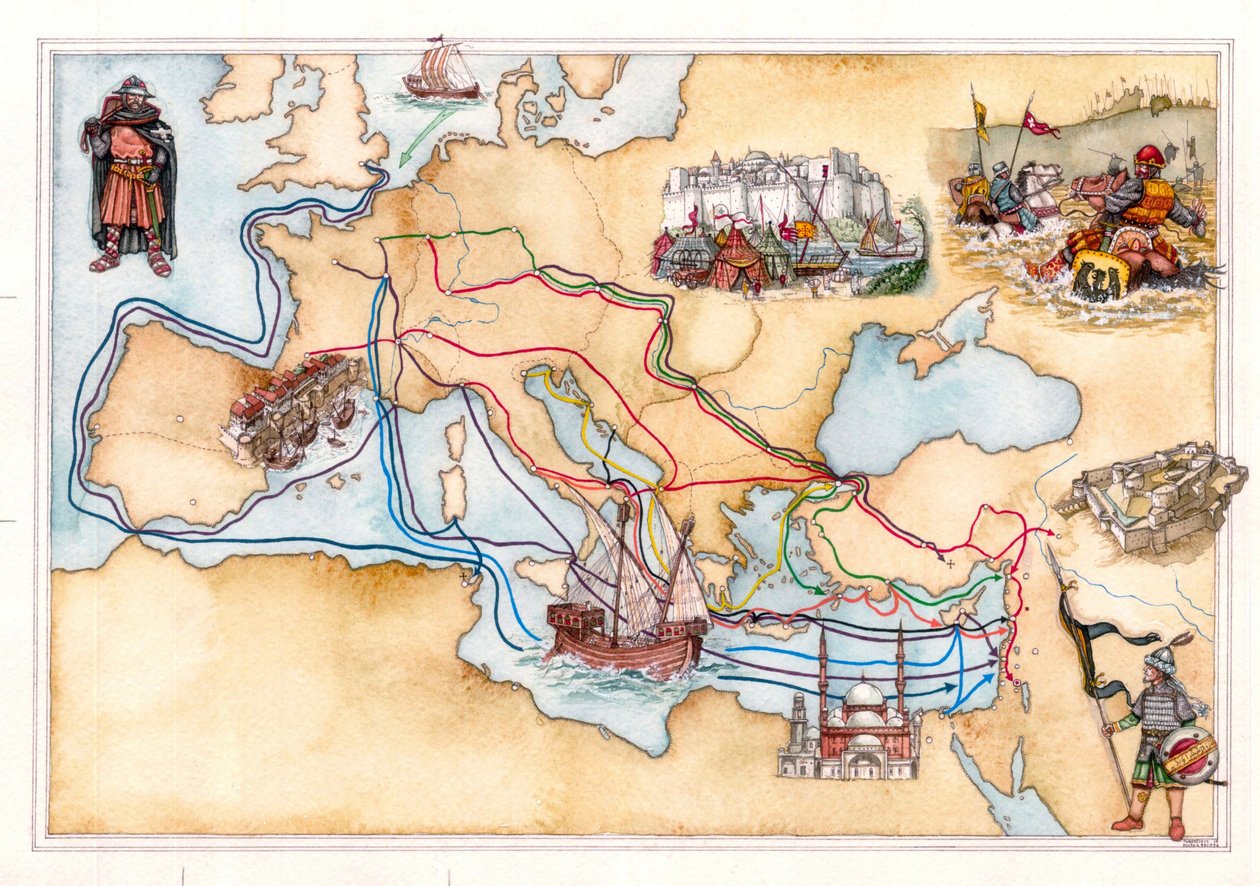 Středověk: mapa Evropy a Blízkého východu s vyznačením pozemních a námořních cest, které křižáci využívali během různých křížových výprav. od Giorgio Albertini