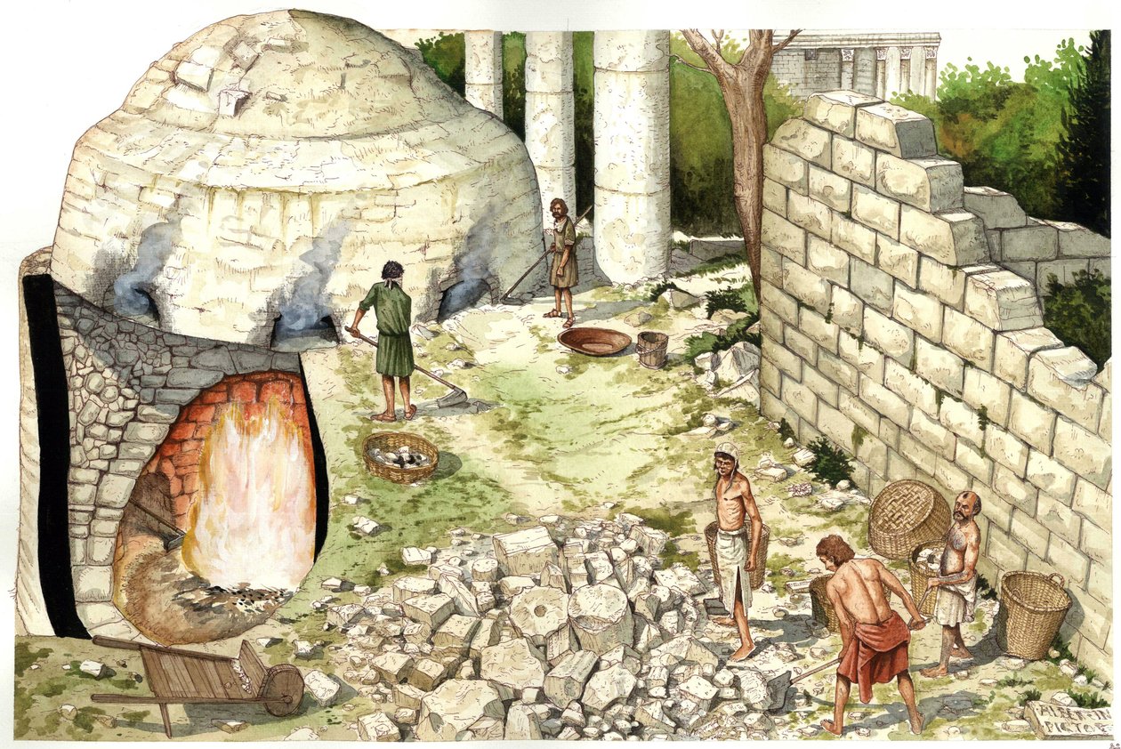 Středověk: rekonstrukce vápenné pece (chaufour), dělníci zpracovávají vápenec. Ilustrace: Giorgio Albertini. (Užití díla tohoto autora nepodléhá žádosti o autorizaci třetí osoby ani placení dalších poplatků). od Giorgio Albertini