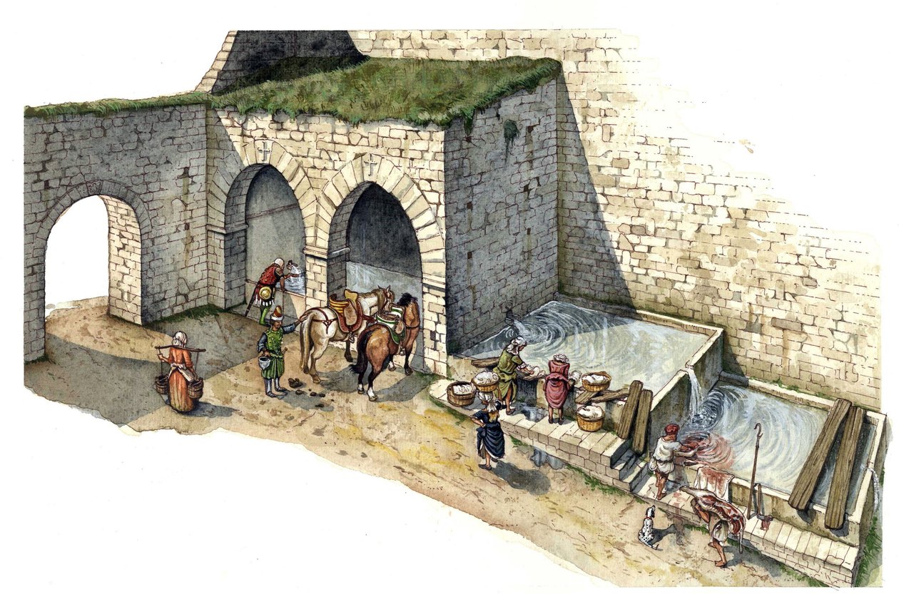 Středověk: rekonstrukce pramenité fontány ve střední Itálii v 15. století. Slouží jako umývárna, napáječka a vodárna pro obyvatele města. od Giorgio Albertini
